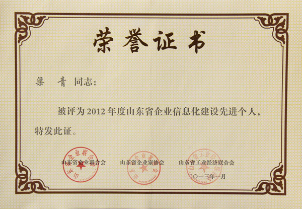 /山东中煤集团董事长渠青荣获2012年山东省企业信息化建设先进个人/