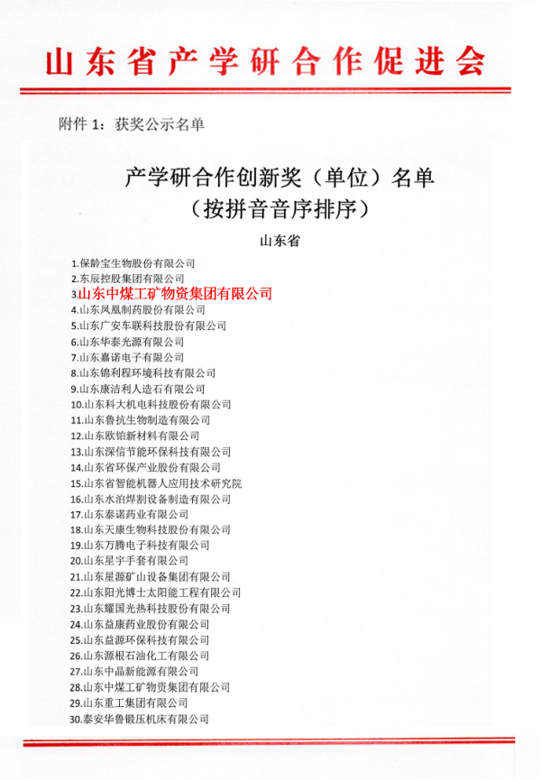 热烈祝贺中煤集团荣获山东省产学研合作创新奖